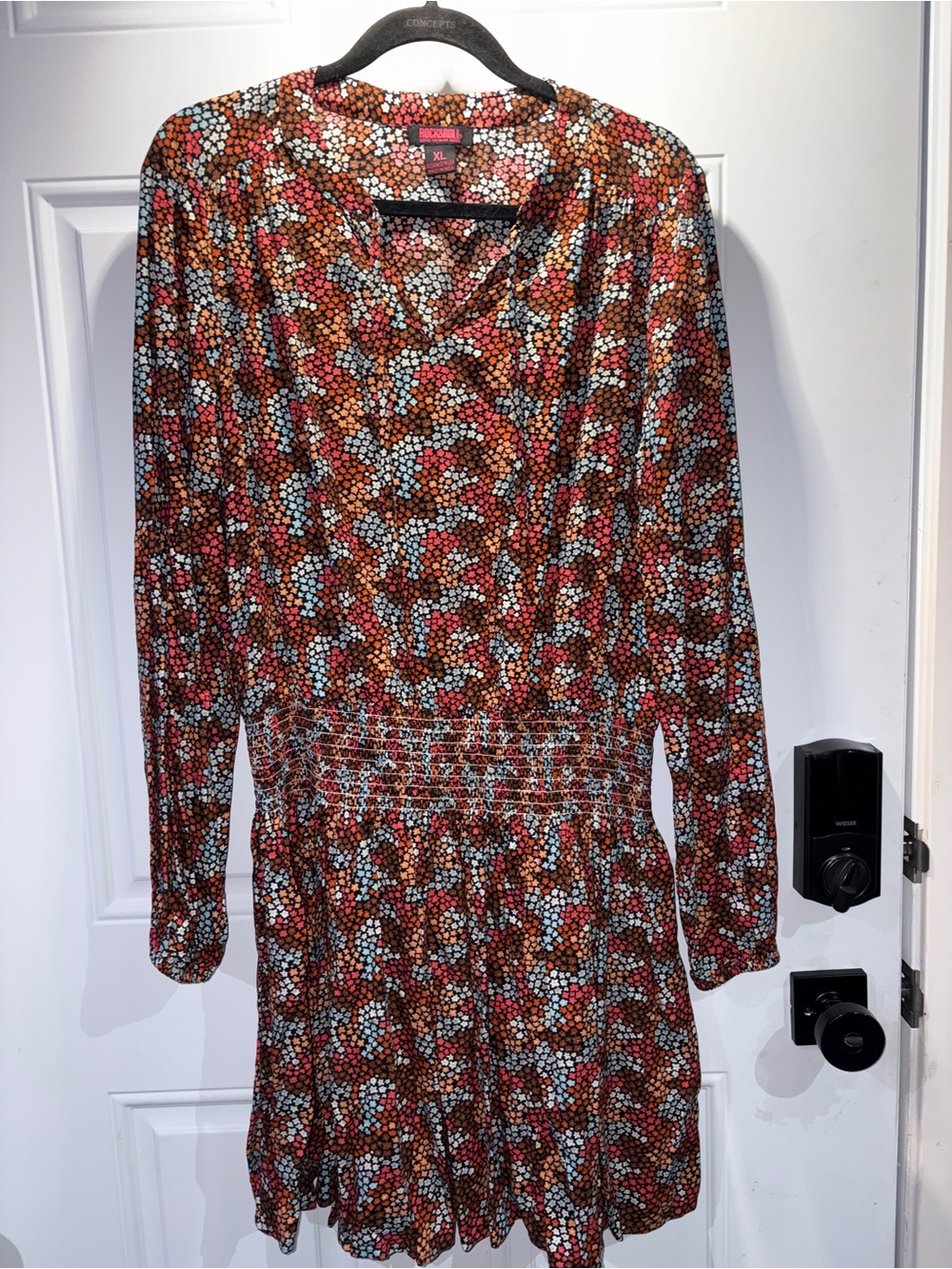 Rock & Roll Cowgirl Long-Sleeve Floral Mosaic Dress - Red, Brown, Blue